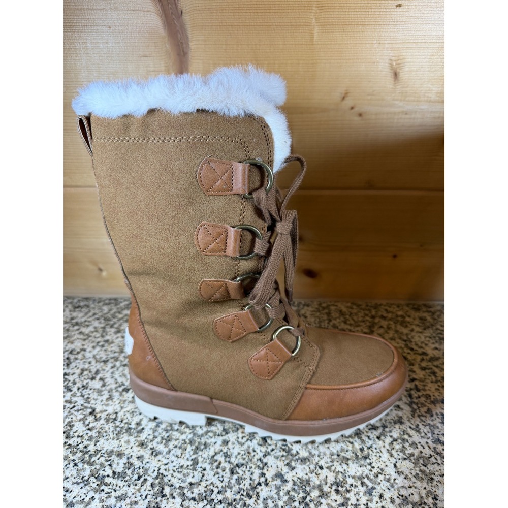 Dream Pairs Womens Mid Calf Snow Boots Tan Brown Faux Fur Trim Lace Up Boots - Picture 5 of 13